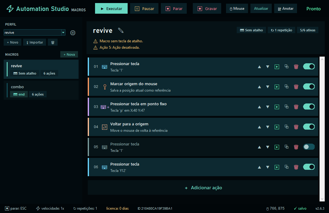 Tela do Automation Studio com lista de macros e ações configuradas